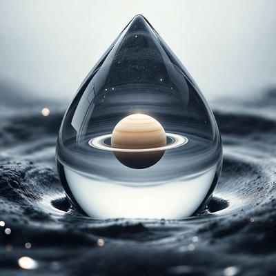 The primary subject of the image is a glass globe with a small planet inside. The globe is placed on a black surface, which creates a striking contrast with the glass. The visual style of the image is a combination of photo and digital art, as it appears to be a real glass globe with a real planet inside, yet the black background and the overall composition give it a digital art feel. The colors and mood of the image are dark and dramatic, with the black background and the glass globe creating a sense of depth